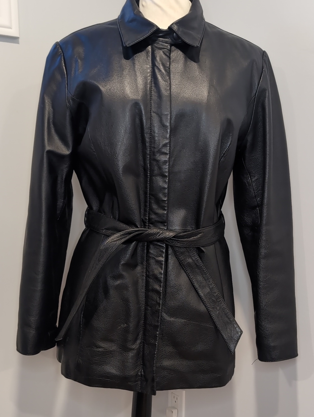 Vintage 90's Black Leather Belted Jacket Size 12